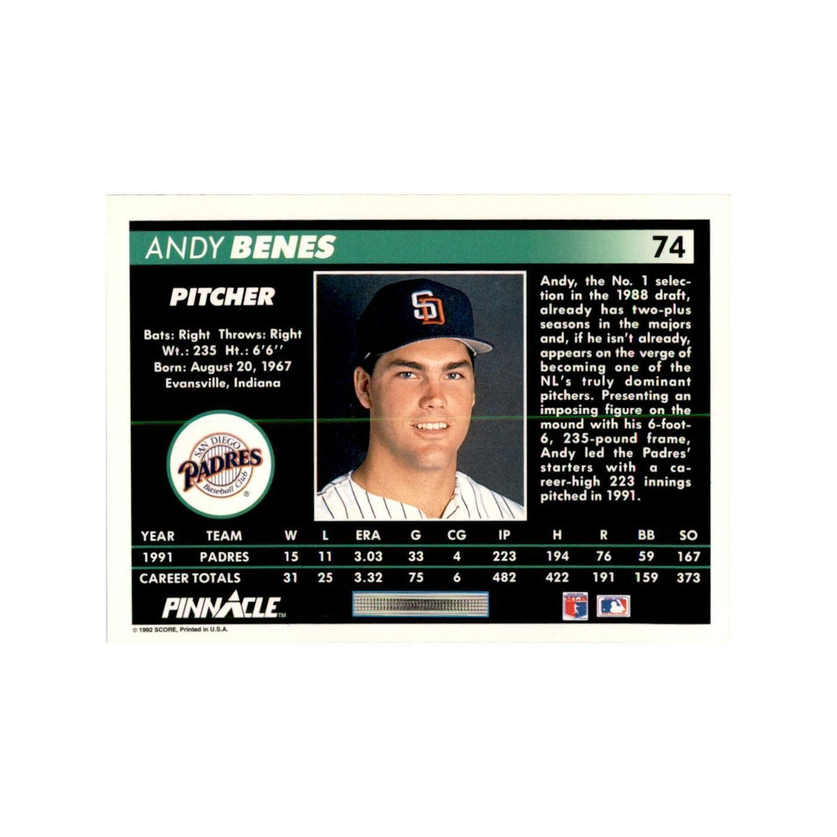 1992 Pinnacle Andy Benes Baseball Cards #74