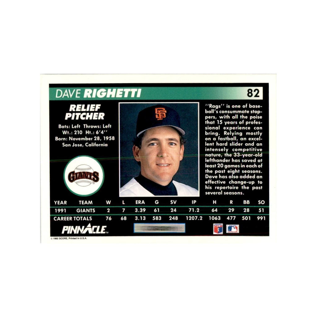 1992 Pinnacle Dave Righetti Baseball Cards #82
