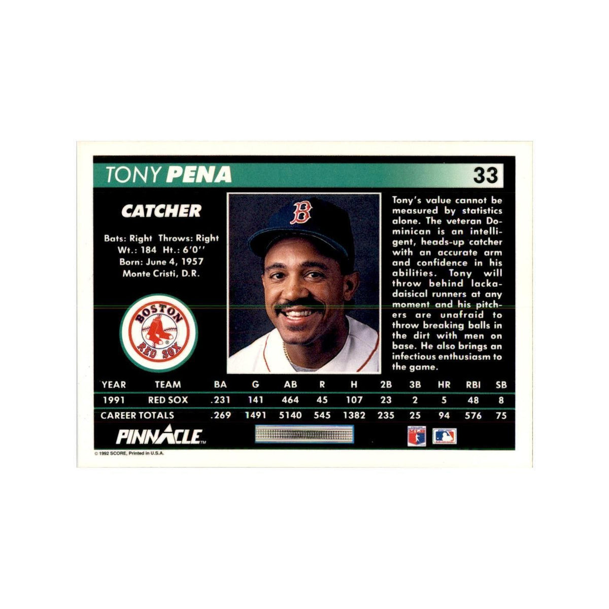 1992 Pinnacle Tony Pena Baseball Cards #33