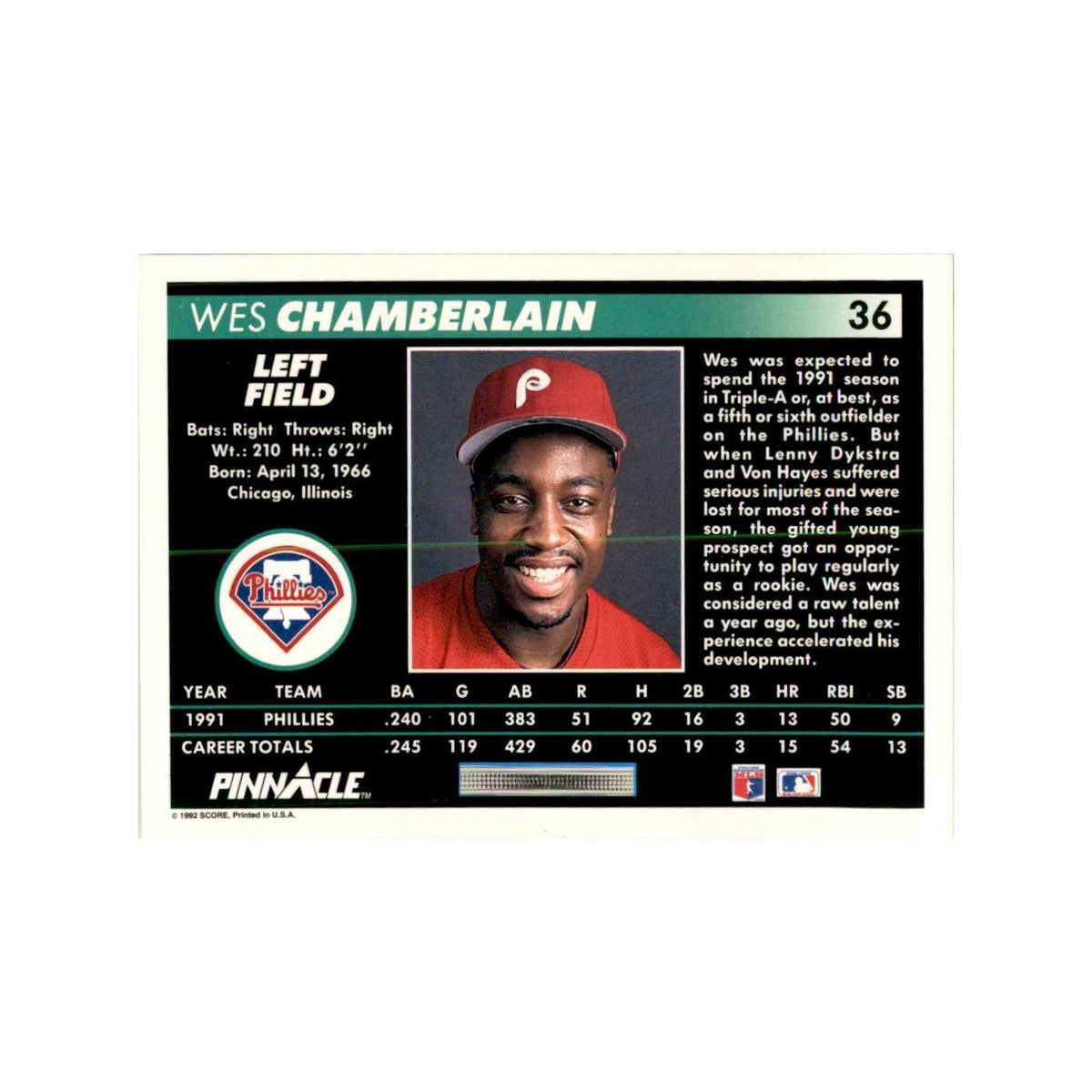 1992 Pinnacle Wes Chamberlain Baseball Cards #36