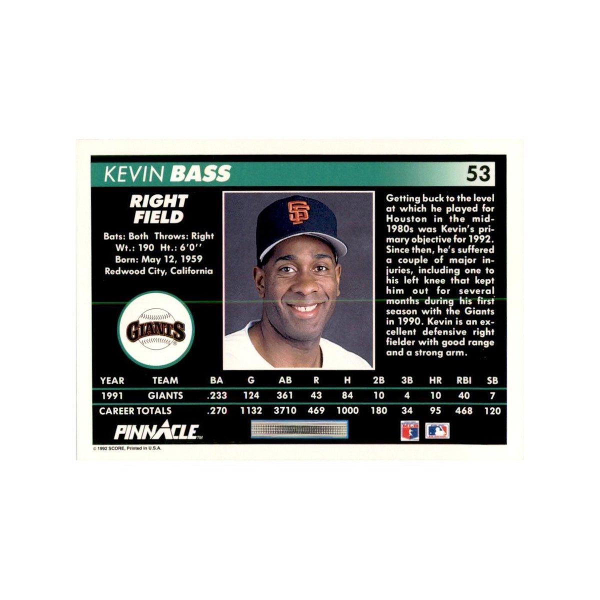 1992 Pinnacle Kevin Bass Baseball Cards #53