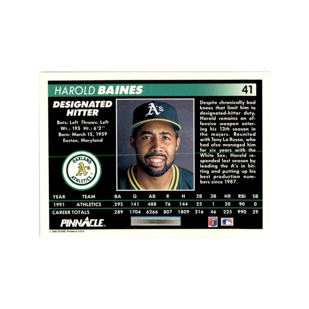 1992 Pinnacle Harold Baines Baseball Cards #41
