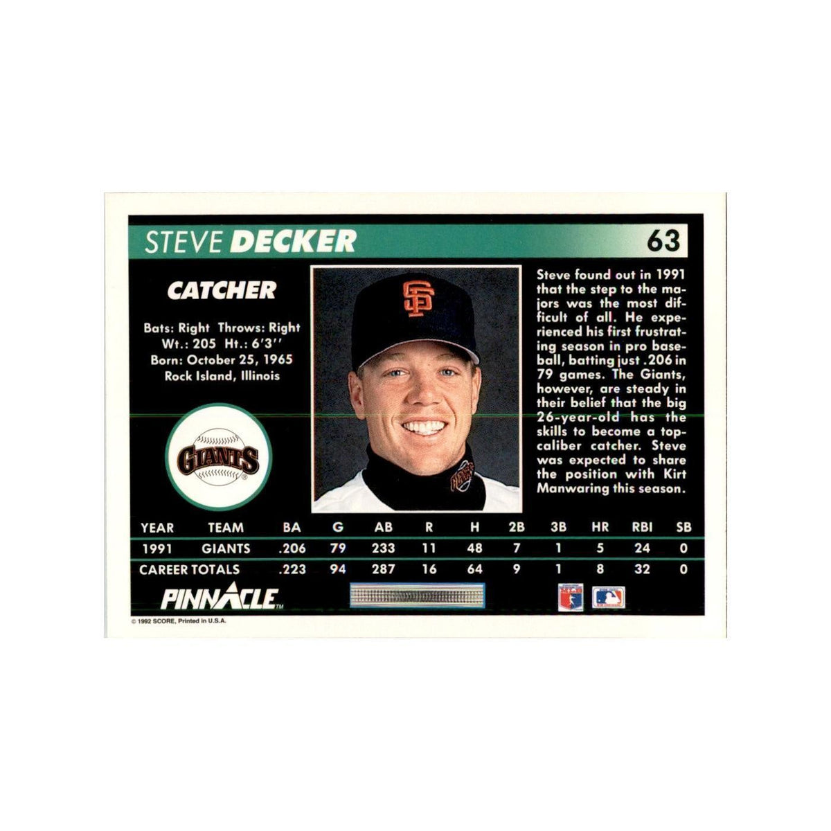 1992 Pinnacle Steve Decker Baseball Cards #63