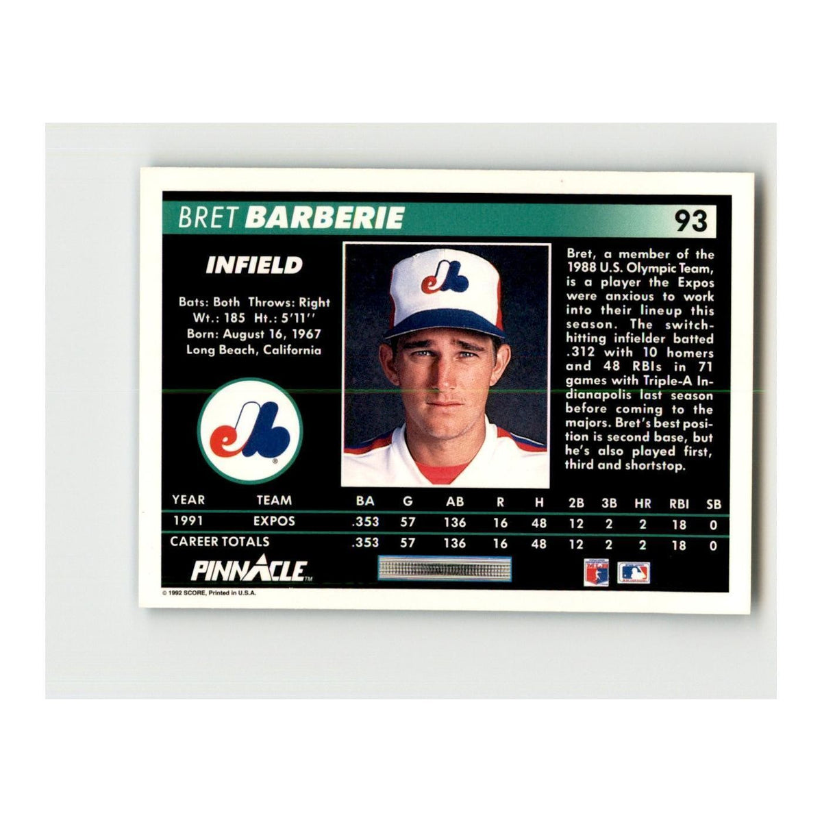 1992 Pinnacle Bret Barberie Baseball Cards #93