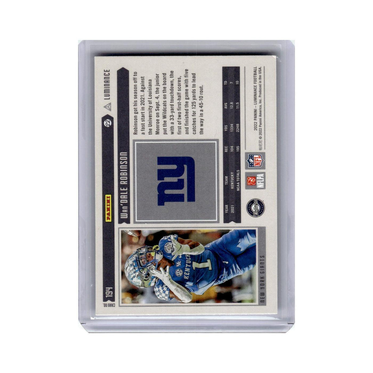 Wan'Dale Robinson Rookie 2022 Panini Luminance #194 New York Giants NM