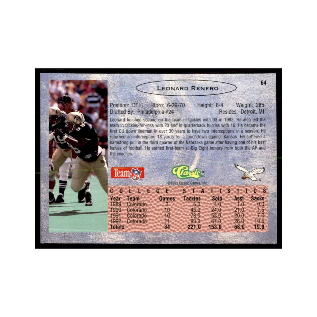 1993 Classic Draft Leonard Renfro Football Cards #64