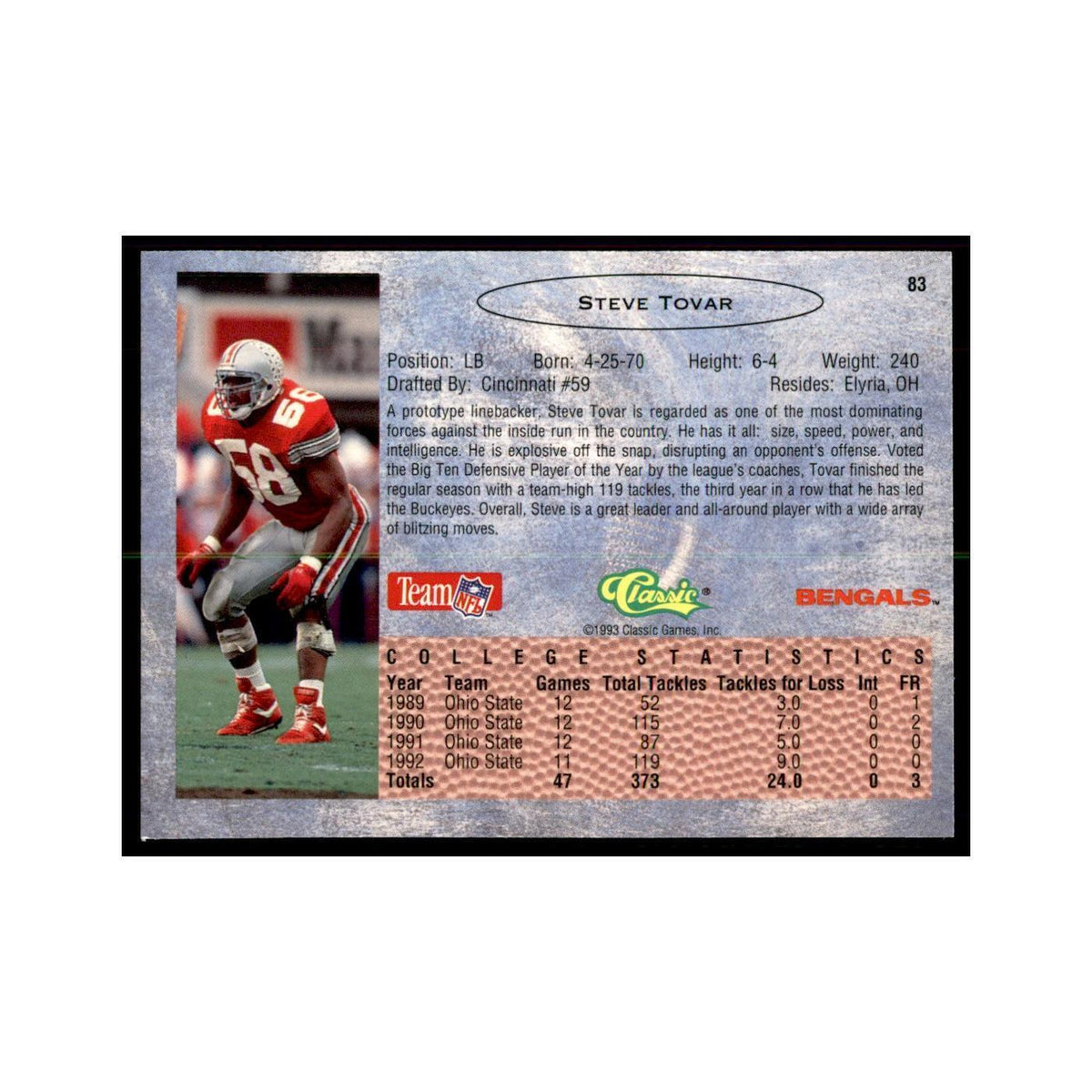 1993 Classic Draft Steve Tovar Football Cards #83