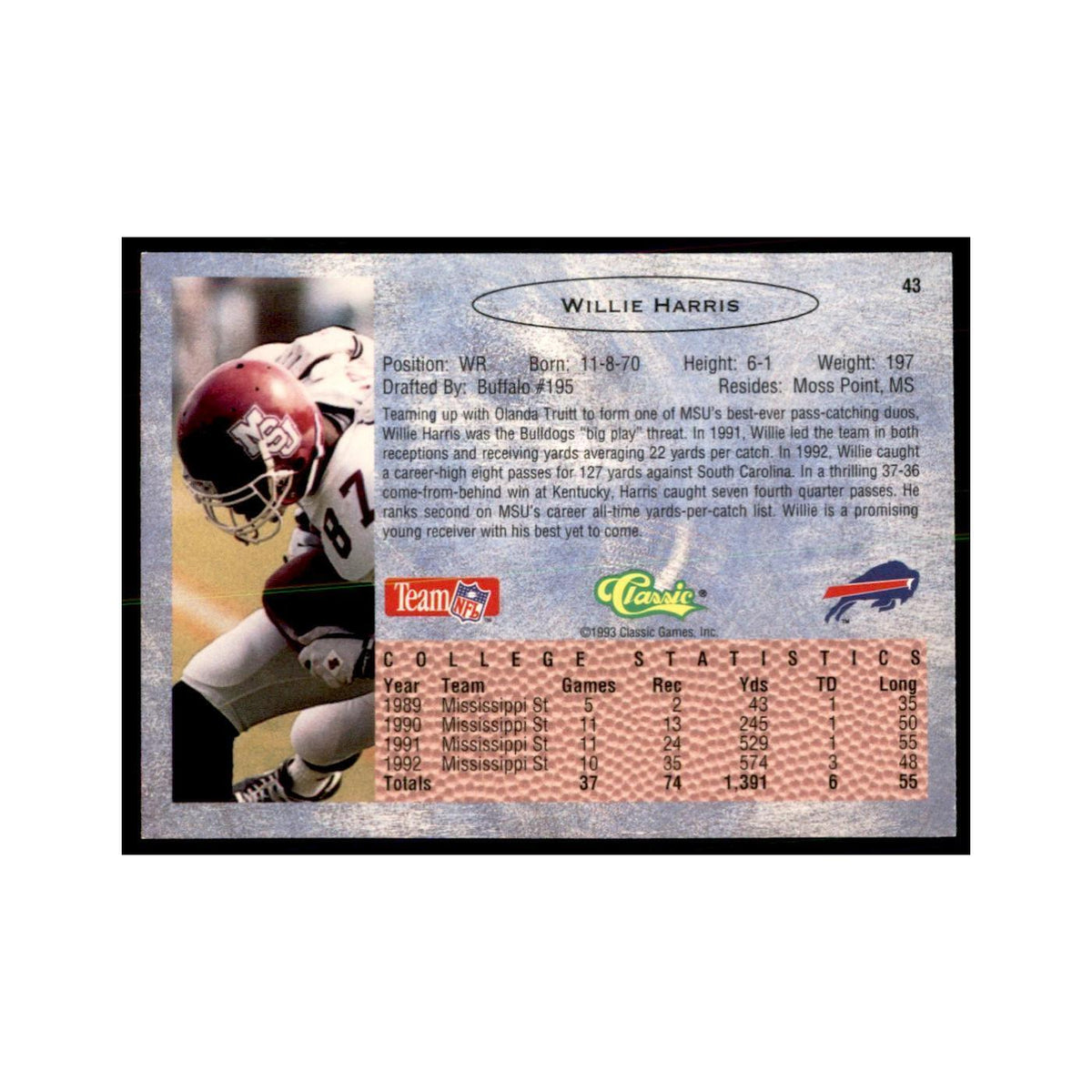 1993 Classic Draft Willie Harris Football Cards #43