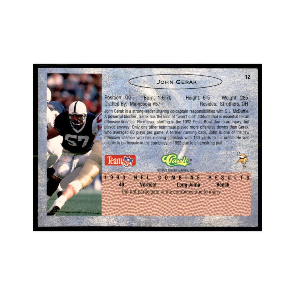 1993 Classic Draft John Gerak Football Cards #12