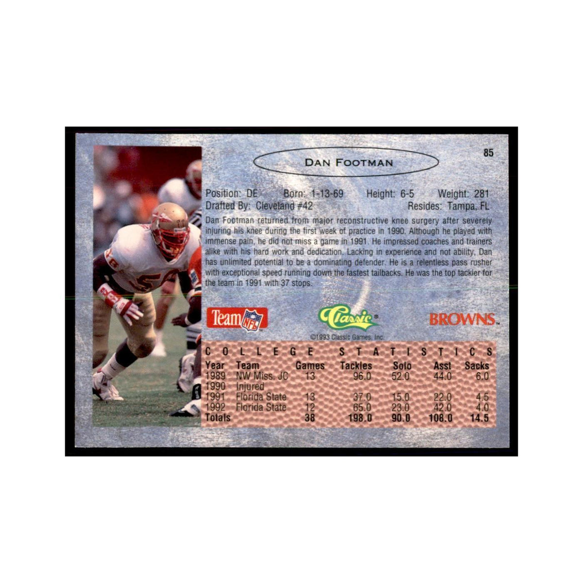 1993 Classic Draft Dan Footman Football Cards #85