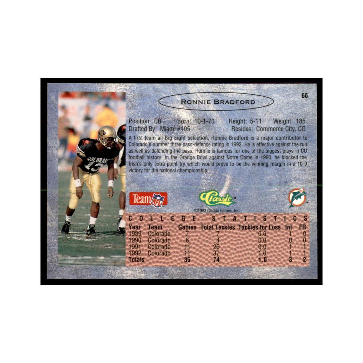 1993 Classic Draft Ronnie Bradford Football Cards #66
