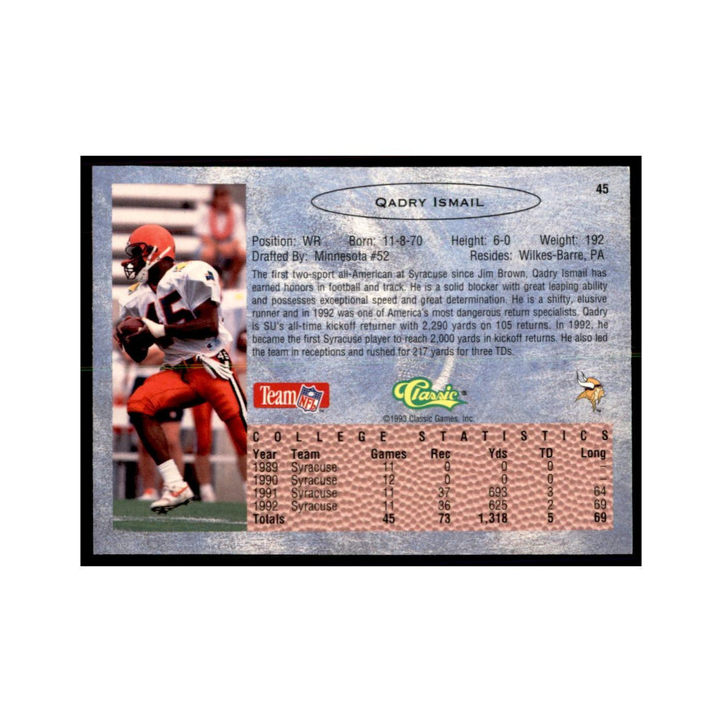 1993 Classic Draft Qadry Ismail Football Cards #45