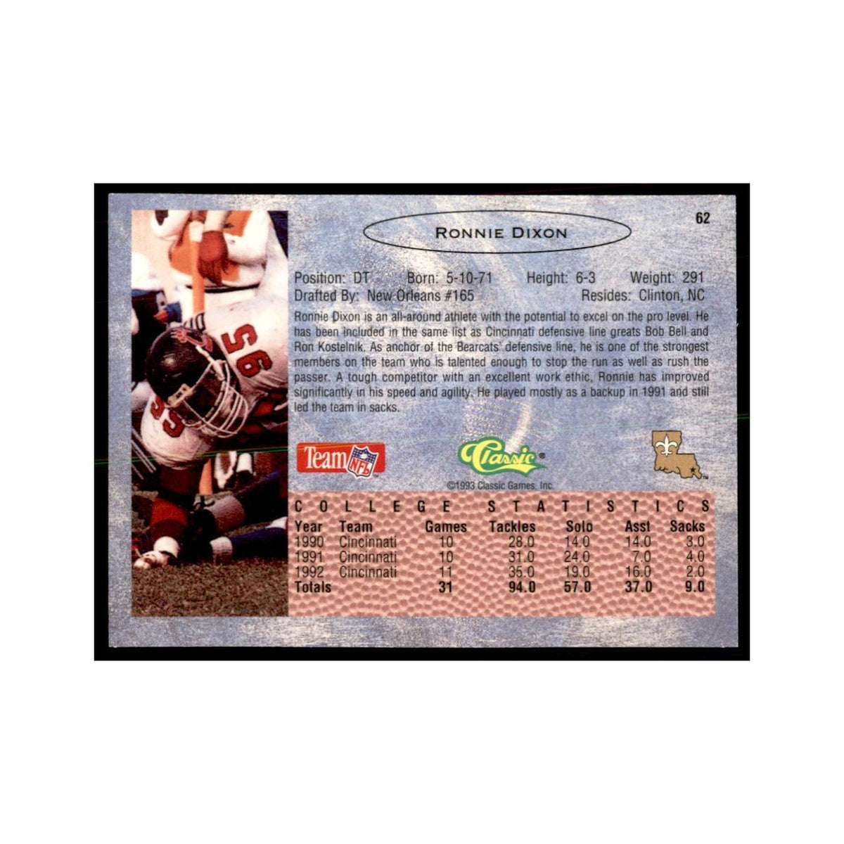 1993 Classic Draft Ron Dixon Football Cards #62