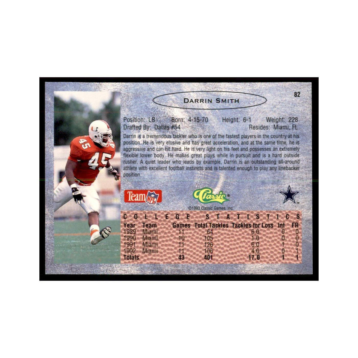 1993 Classic Draft Darrin Smith Football Cards #82