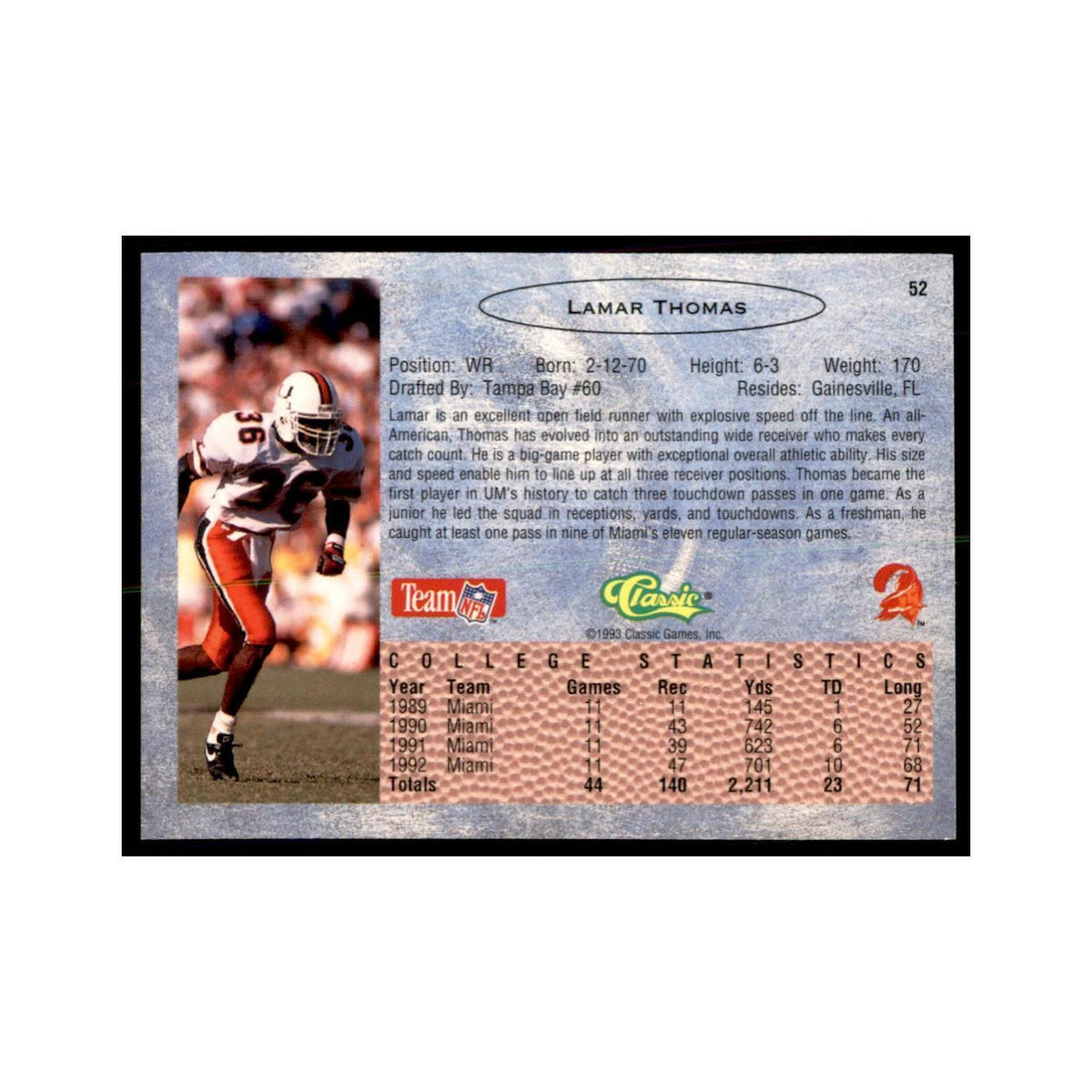1993 Classic Draft Lamar Thomas Football Cards #52