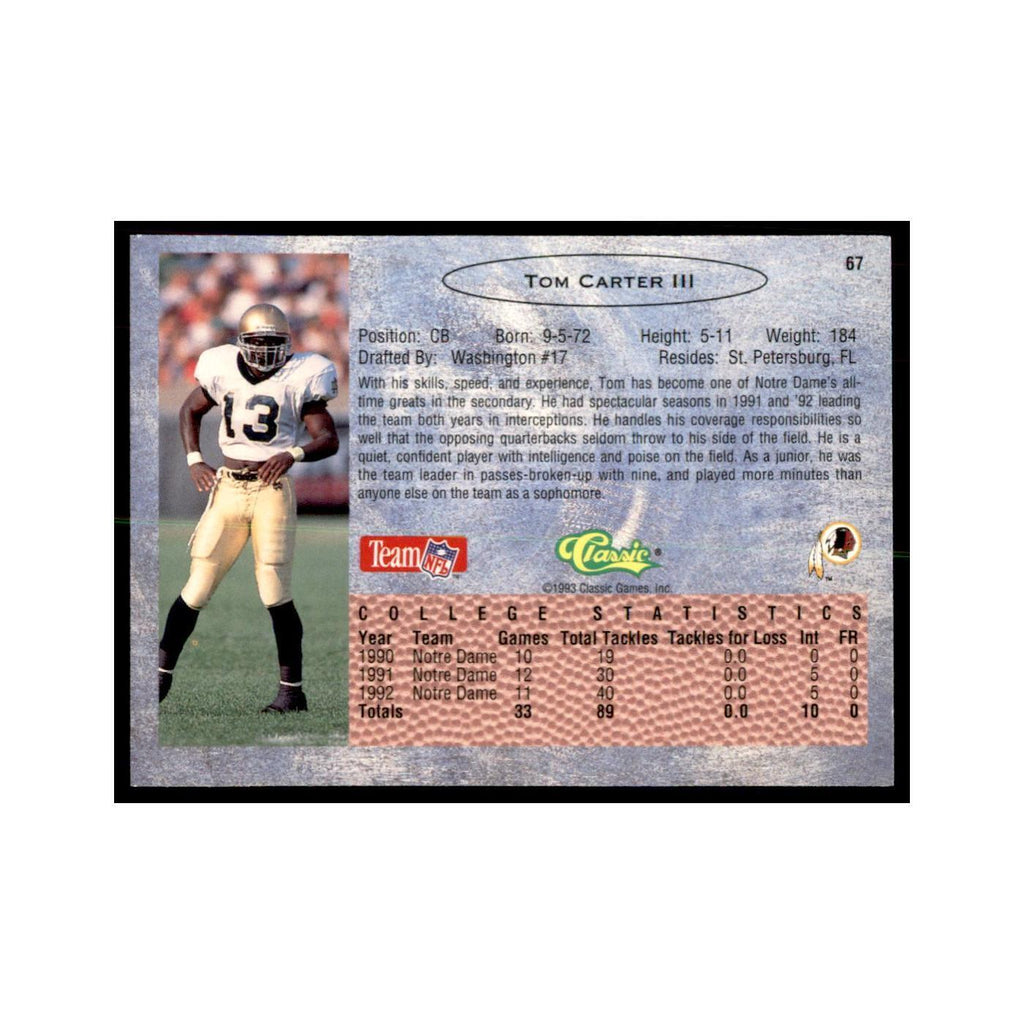 1993 Classic Draft Tom Carter Football Cards #67