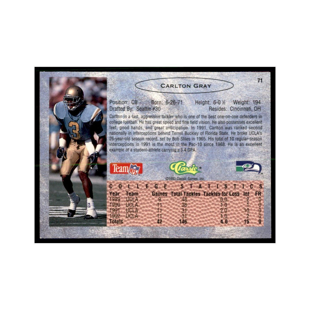1993 Classic Draft Carlton Gray Football Cards #71