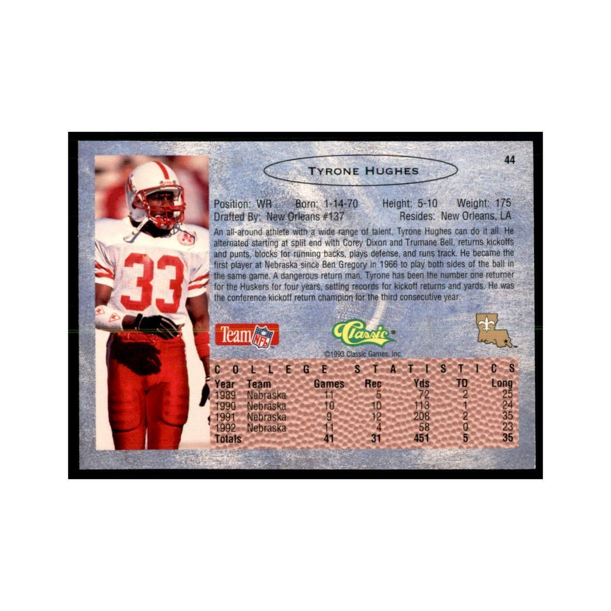 1993 Classic Draft Tyrone Hughes Football Cards #44