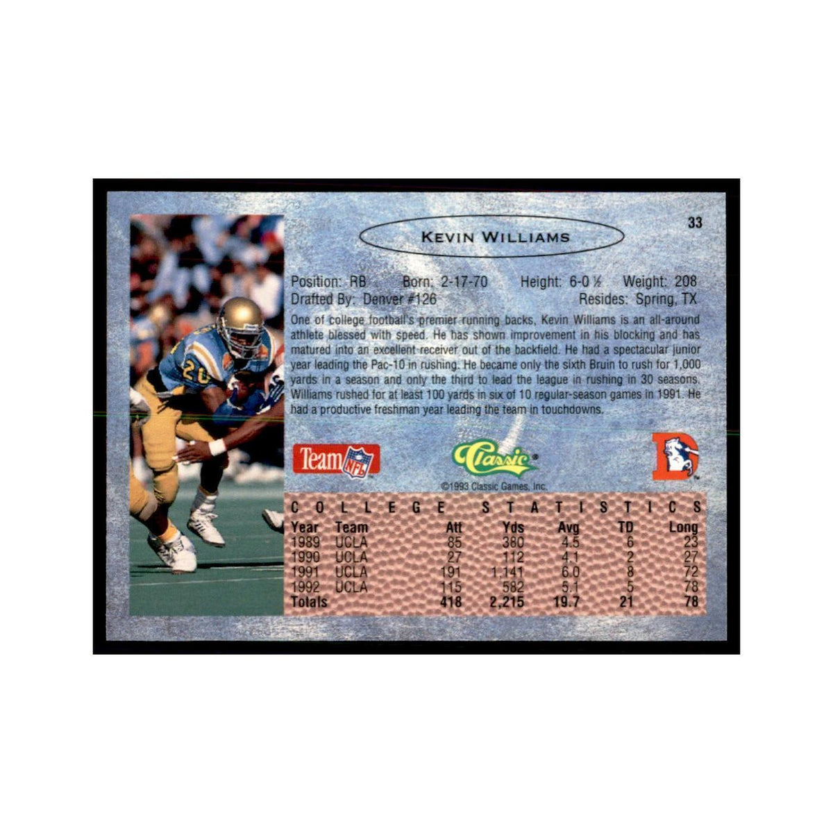 1993 Classic Draft Kevin Williams Football Cards #33