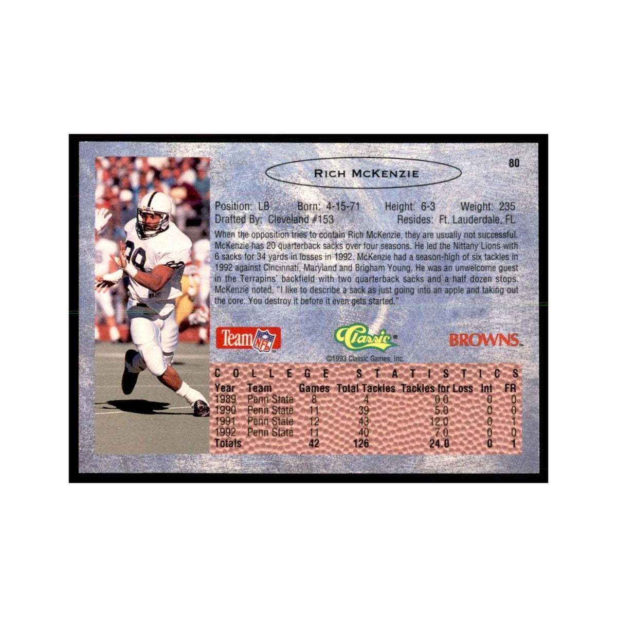1993 Classic Draft Rich McKenzie Football Cards #80