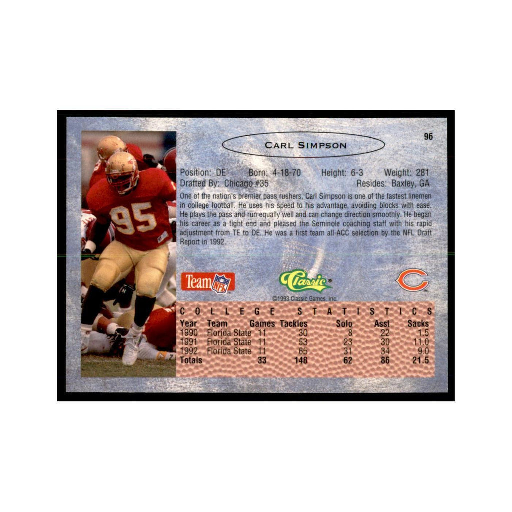 1993 Classic Draft Carl Simpson Football Cards #96