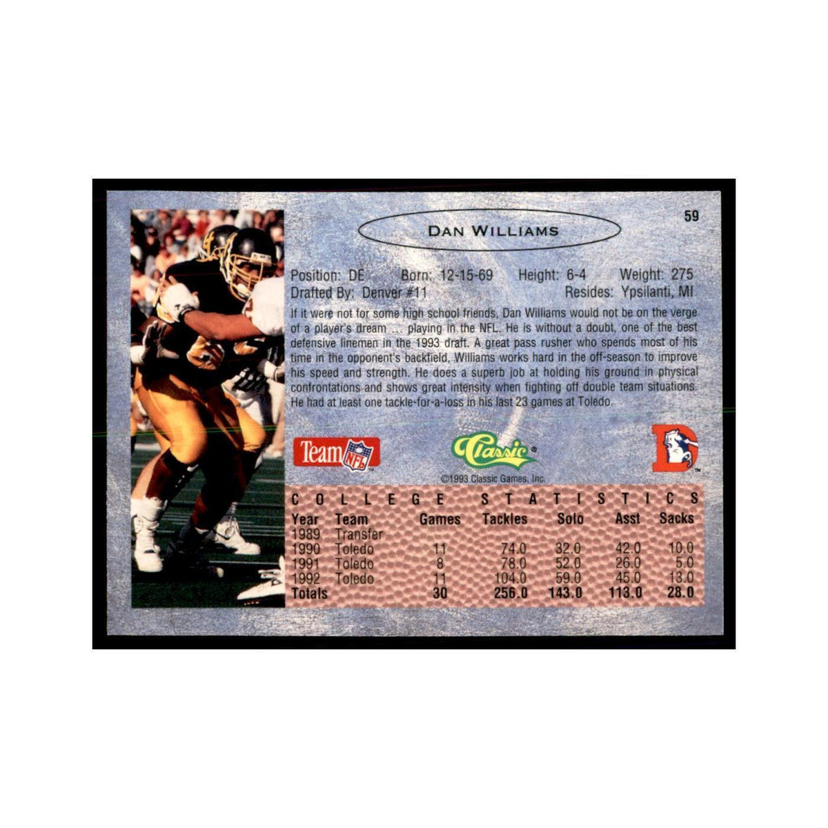 1993 Classic Draft Dan Williams Football Cards #59