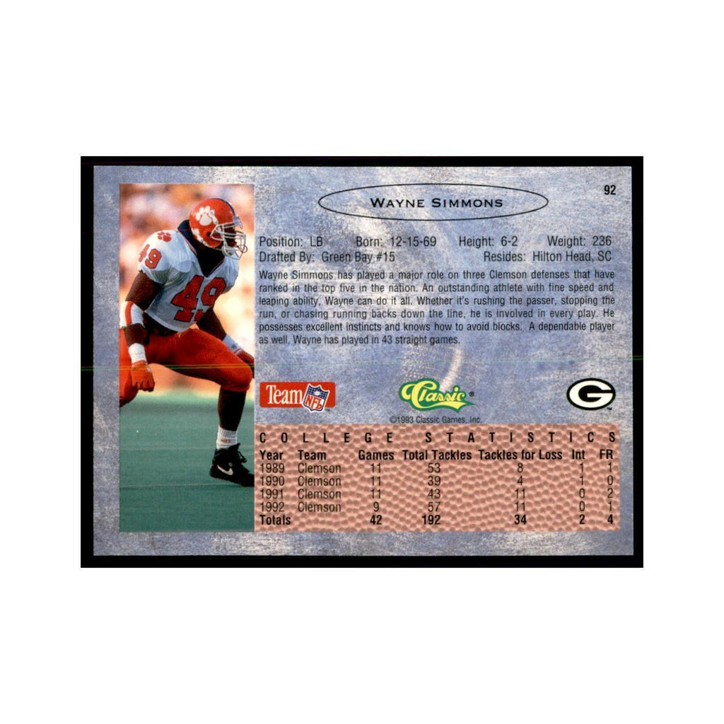 1993 Classic Draft Wayne Simmons Football Cards #92