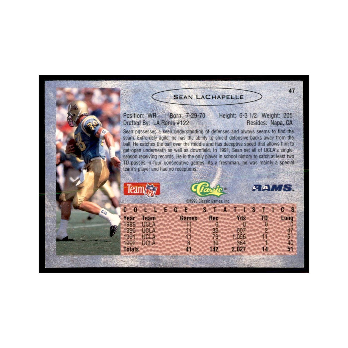 1993 Classic Draft Sean LaChapelle Football Cards #47