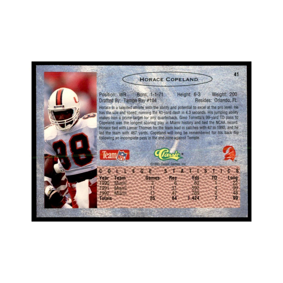 1993 Classic Draft Horace Copeland Football Cards #41