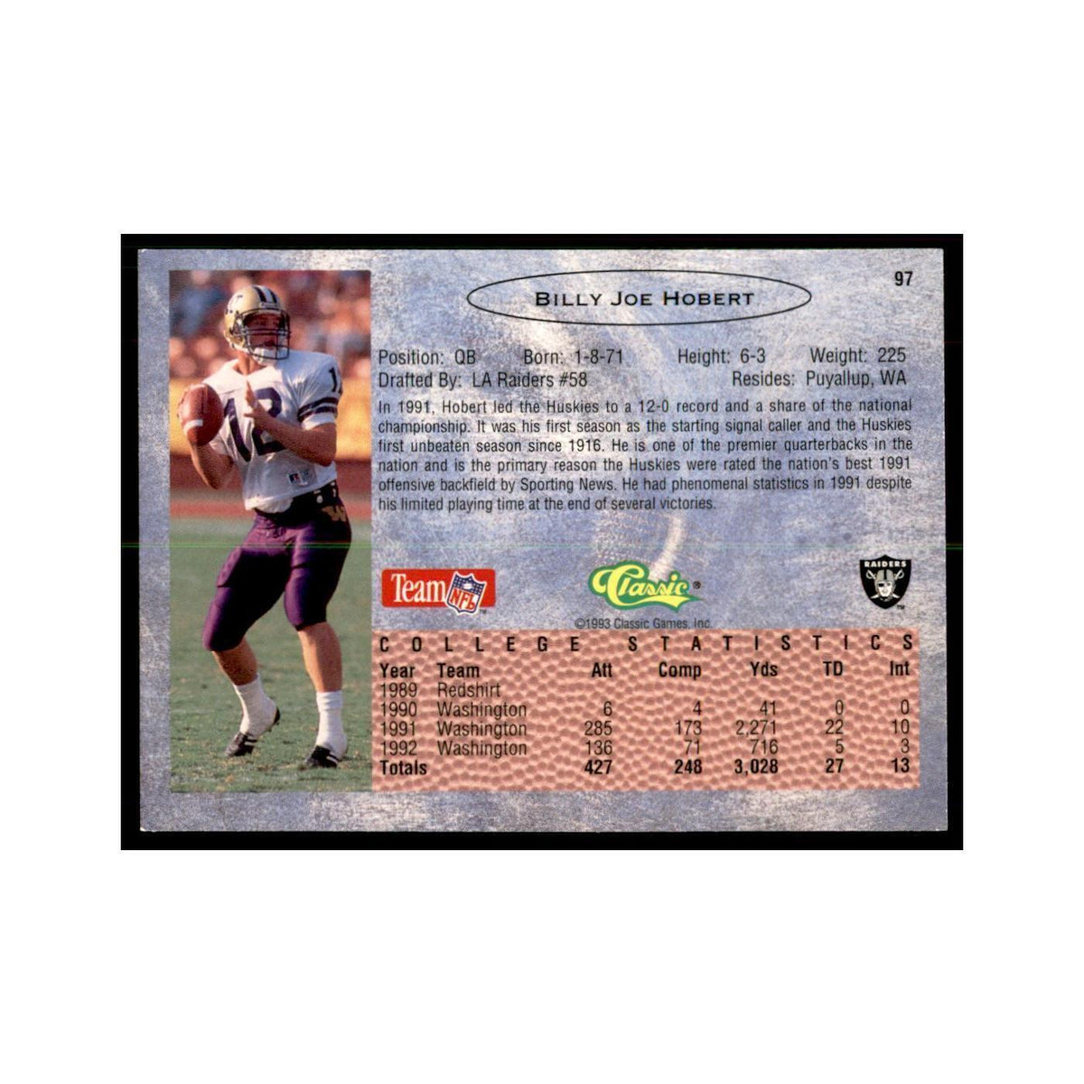 1993 Classic Draft Billy Joe Hobert Football Cards #97