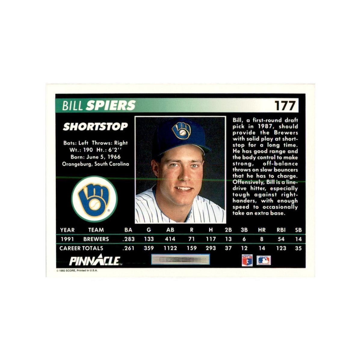 1992 Pinnacle Bill Spiers Baseball Cards #177