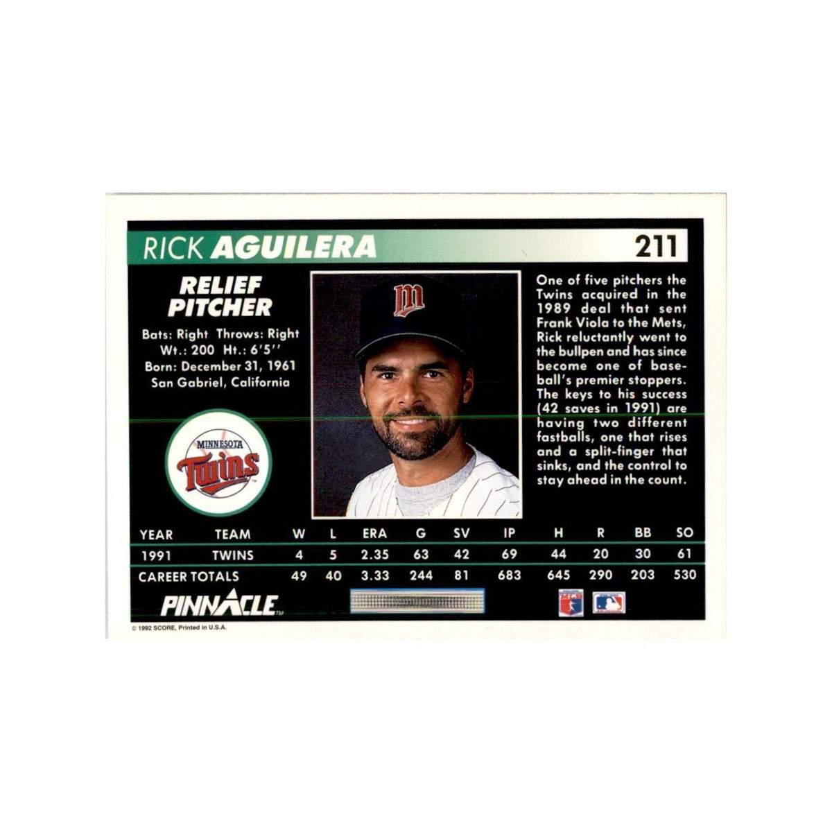 1992 Pinnacle Rick Aguilera Baseball Cards #211