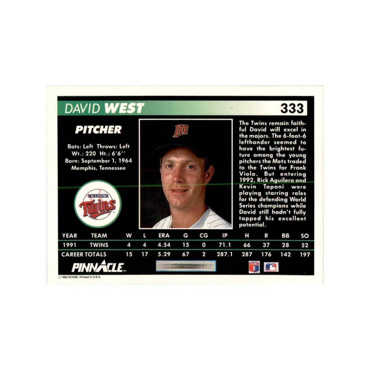 1992 Pinnacle David West Baseball Cards #333