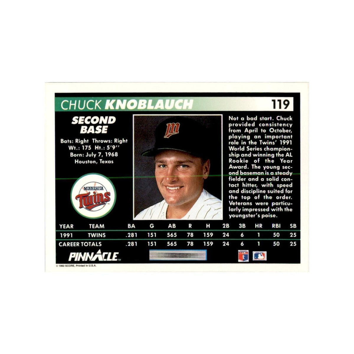 1992 Pinnacle Chuck Knoblauch Baseball Cards #119