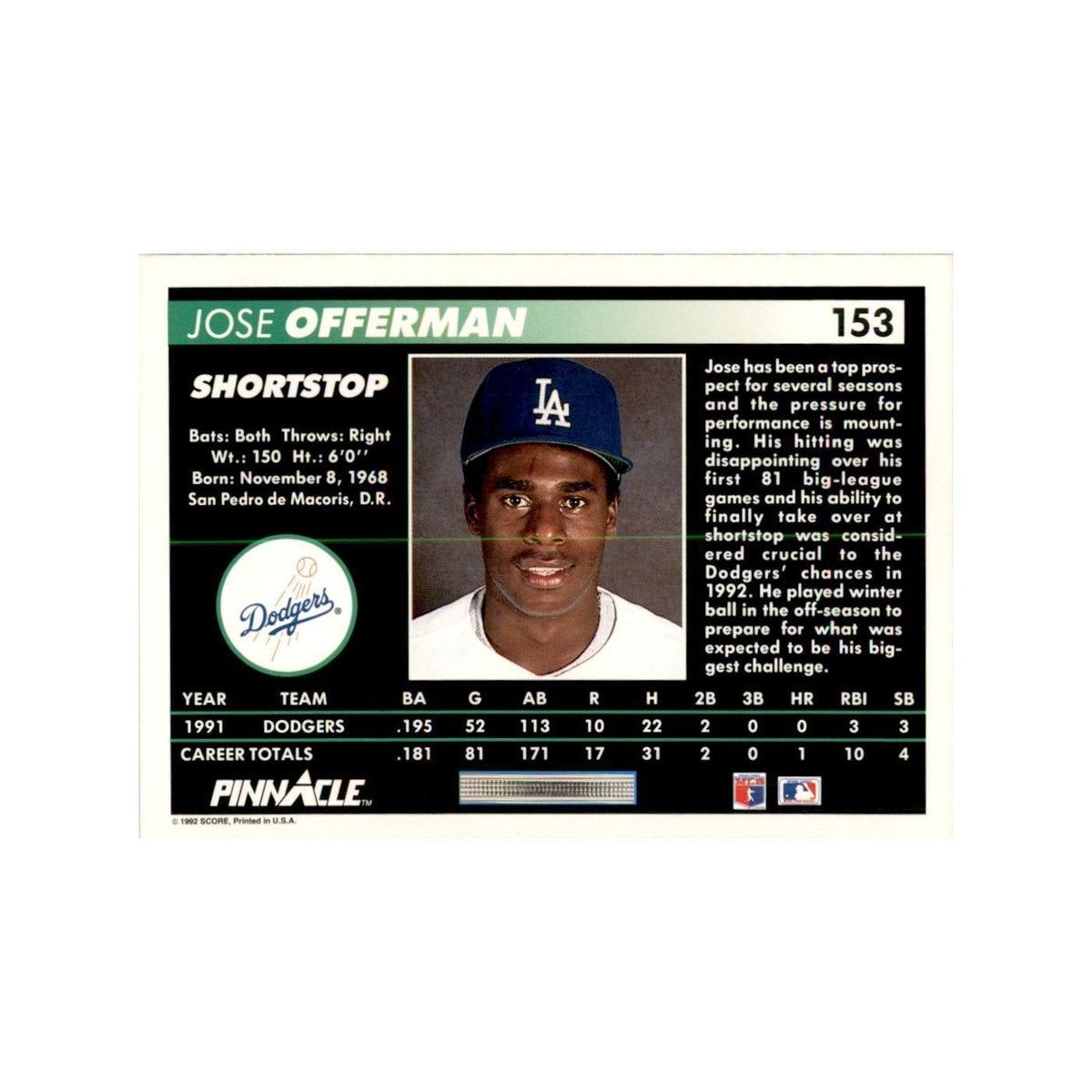 1992 Pinnacle Jose Offerman Baseball Cards #153