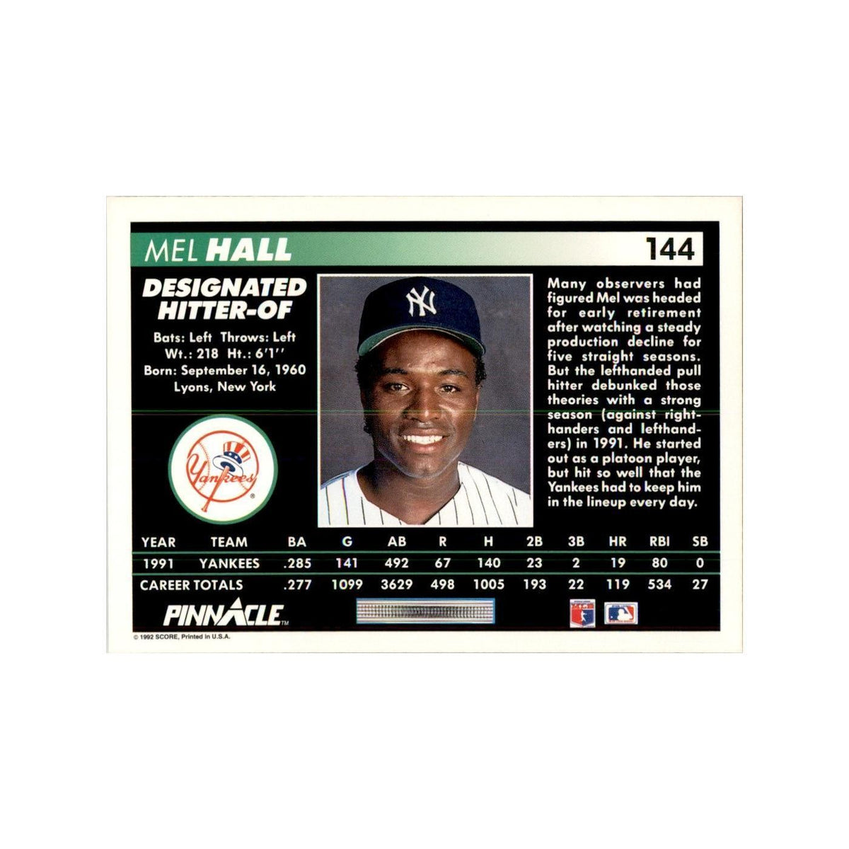 1992 Pinnacle Mel Hall Baseball Cards #144