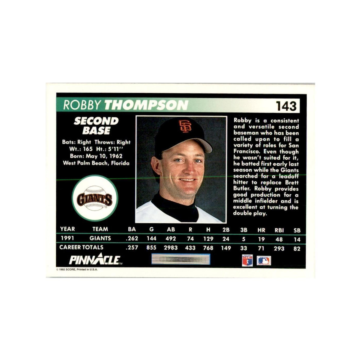 1992 Pinnacle Robby Thompson Baseball Cards #143