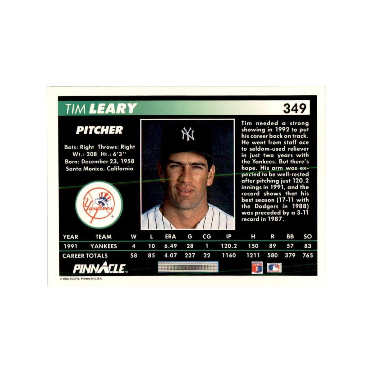 1992 Pinnacle Tim Leary Baseball Cards #349