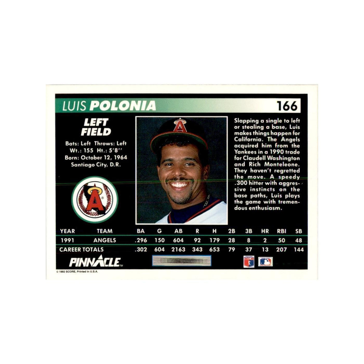 1992 Pinnacle Luis Polonia Baseball Cards #166