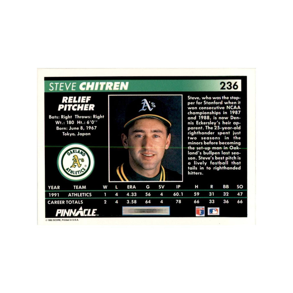 1992 Pinnacle Steve Chitren Baseball Cards #236
