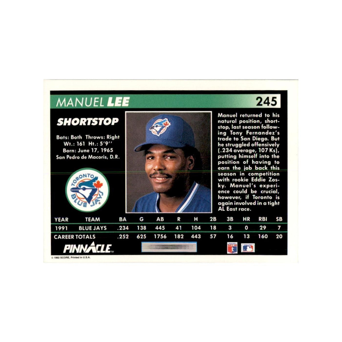 1992 Pinnacle Manuel Lee Baseball Cards #245