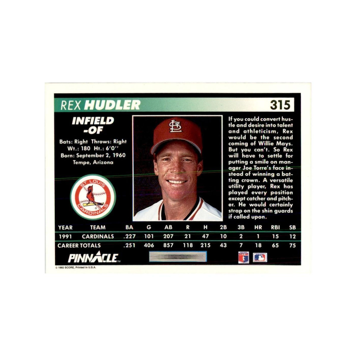 1992 Pinnacle Rex Hudler Baseball Cards #315