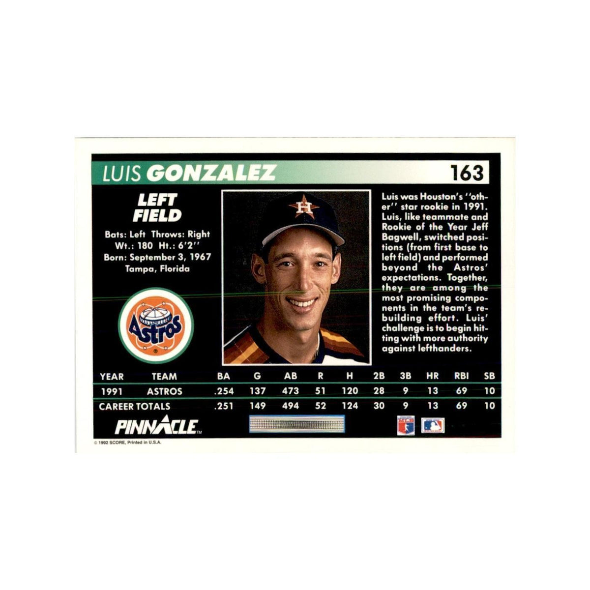1992 Pinnacle Luis Gonzalez Baseball Cards #163