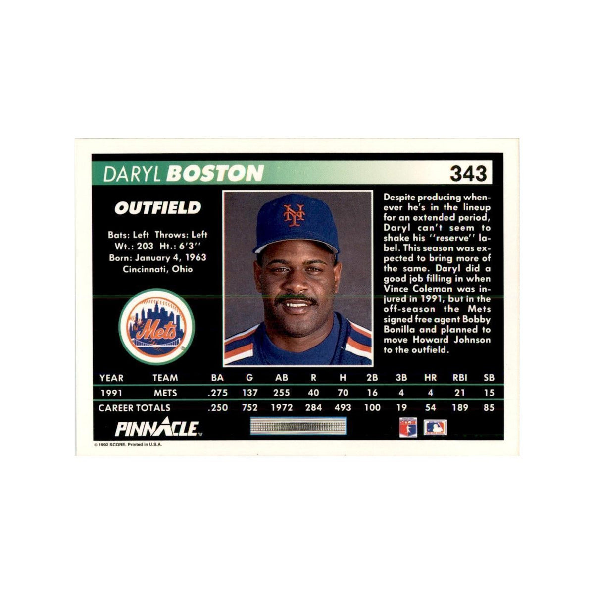 1992 Pinnacle Daryl Boston Baseball Cards #343