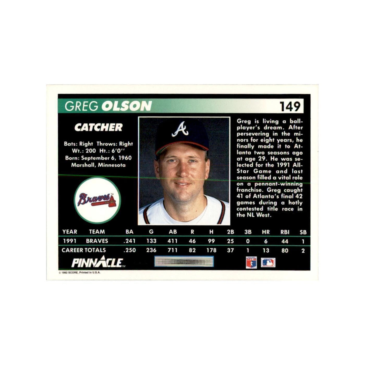 1992 Pinnacle Greg Olson Baseball Cards #149