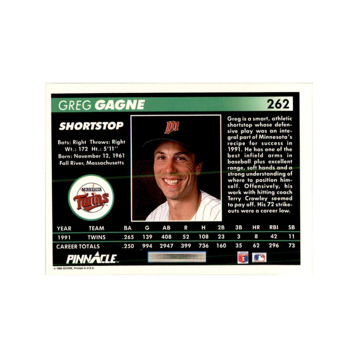 1992 Pinnacle Greg Gagne Baseball Cards #262