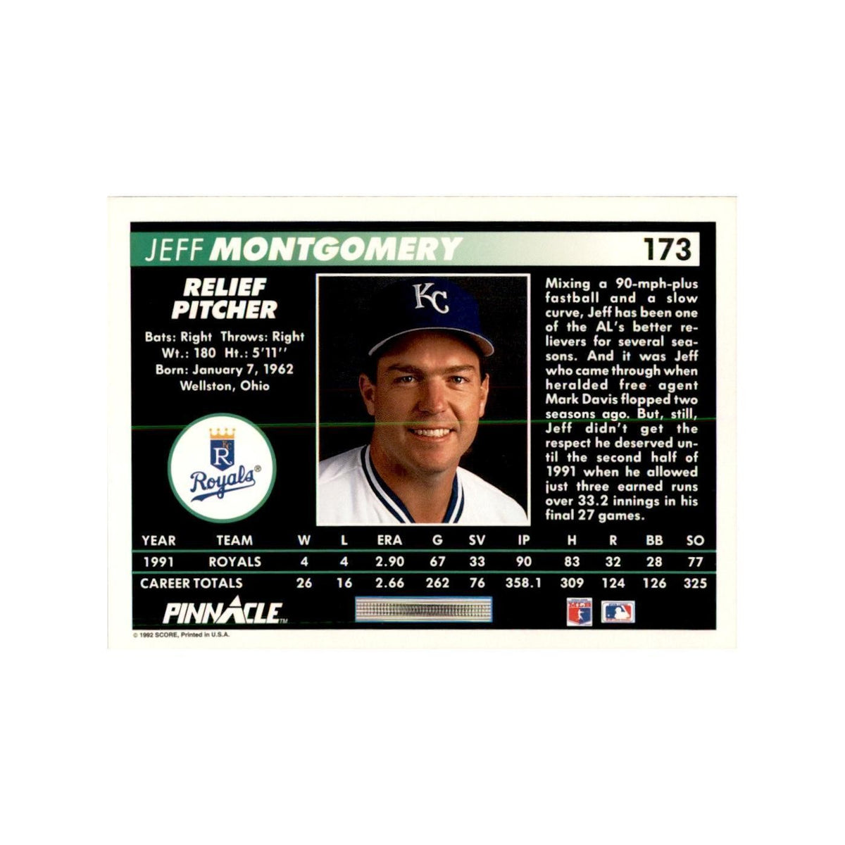 1992 Pinnacle Jeff Montgomery Baseball Cards #173