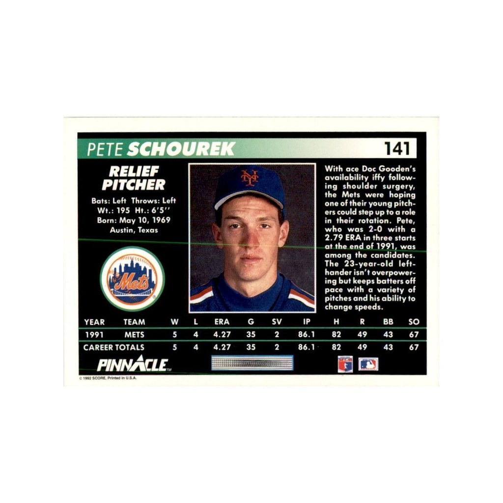 1992 Pinnacle Pete Schourek Baseball Cards #141