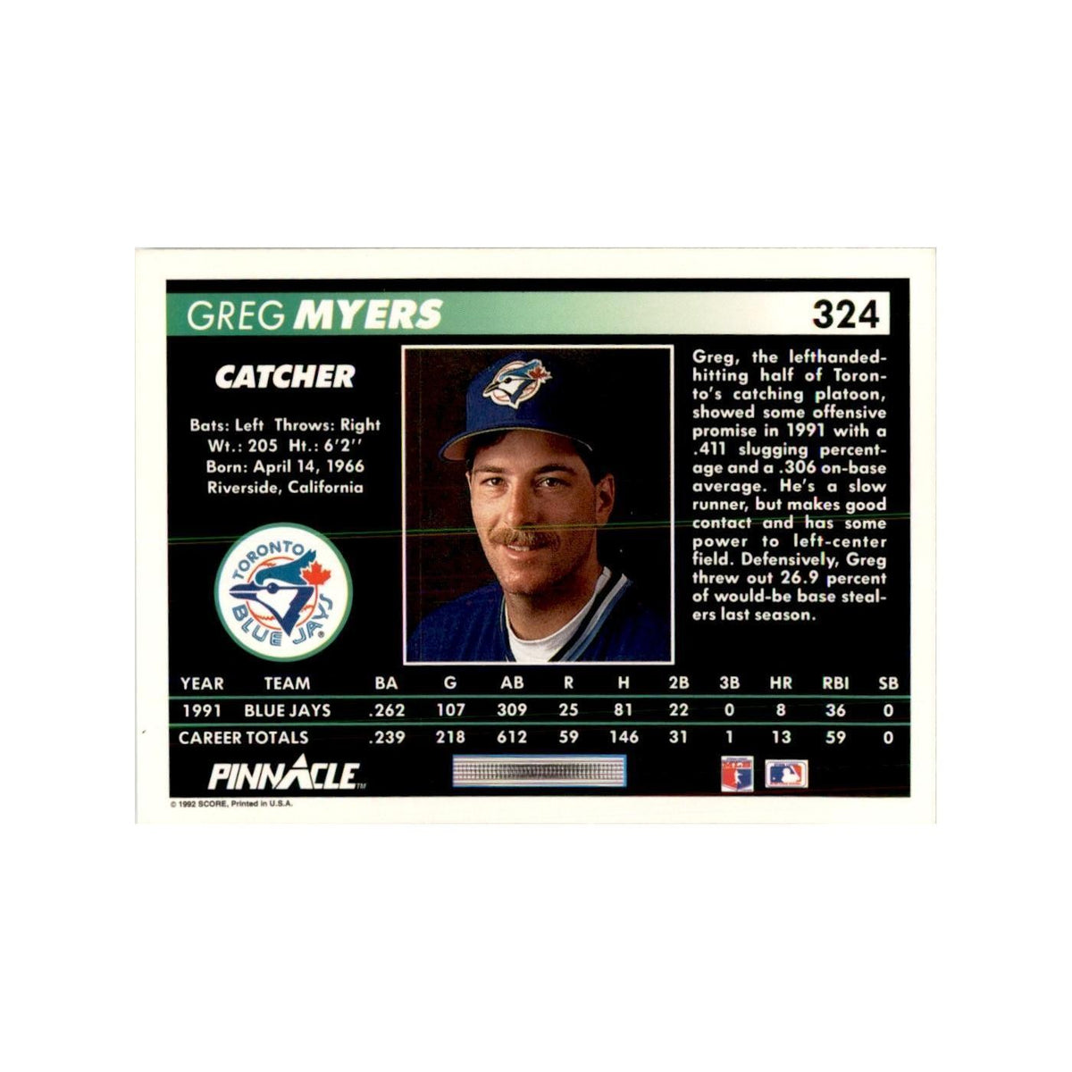 1992 Pinnacle Greg Myers Baseball Cards #324