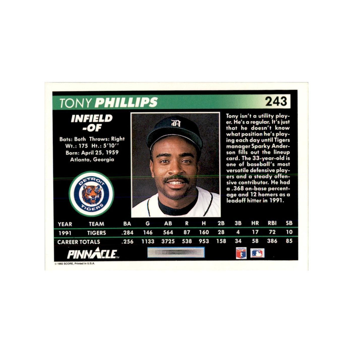 1992 Pinnacle Tony Phillips Baseball Cards #243